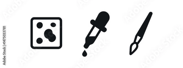 Obraz Black icons of paint palette, eyedropper, and paintbrush on white background