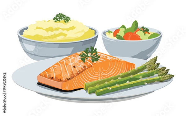 Fototapeta Grilled Salmon with Asparagus and Mashed Potatoes and Salad - Vector Illustration