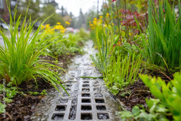 Obraz Storm water flows through a lush urban rain garden toward a drainage grate, showcasing green infrastructure in sustainable city planning for effective storm water management, ai generative.