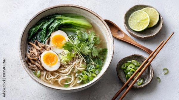 Fototapeta Delicious ramen bowl with eggs and greens