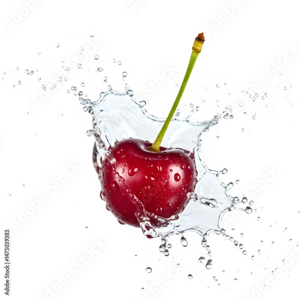 Fototapeta A vibrant red cherry creates a dynamic water splash against a . The image evokes freshness and summery vibes. Isolated on white or transparent background