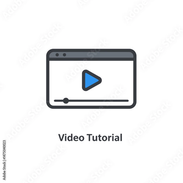 Obraz Video Tutorial Interface with Play Button and Slider  . Vector linear icon with minimalistic dark gray outline, blue accent, white background.
