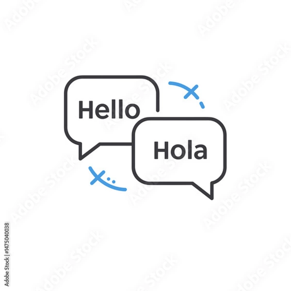 Obraz Bilingual greetings in speech bubbles. Vector linear icon with minimalistic dark gray outline, blue accent, white background. Foreign language learning concept.
