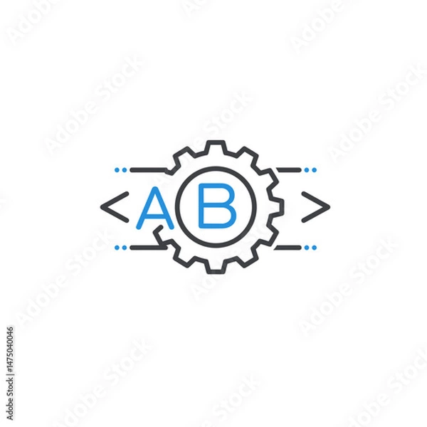Obraz Gear with letters "A", "B", language setting idea. Vector linear icon with minimalistic dark gray outline, blue accent, white background.