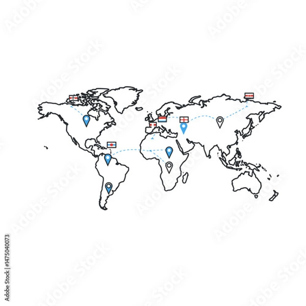 Fototapeta World map with small multilingual flags, global reach symbol. Vector line icon with minimalistic, dark gray outline, blue accent, white background.