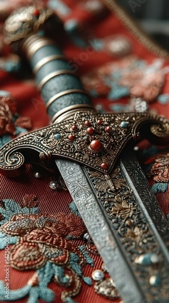 Obraz Intricate ornate sword resting on luxurious fabric with floral patterns