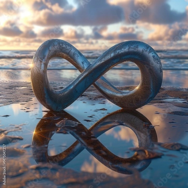 Obraz A surreal infinity symbol sculpted in sand with a mirror-like smoothness, surrounded by water, reflecting the vibrant colors of the horizon.