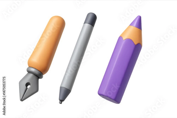 Fototapeta Colorful assorted writing instruments including fountain pen, marker, and crayon