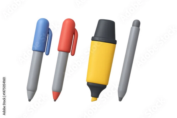 Obraz Colorful stationery: blue and red pens, yellow highlighter, stylus on white background
