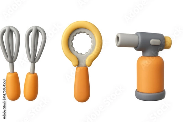 Obraz Plastic kitchen tools set: whisks, bottle opener, blowtorch in orange and gray