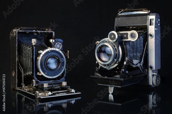 Fototapeta Vintage folded cameras displayed together showcasing classic design and craftsmanship from a bygone era