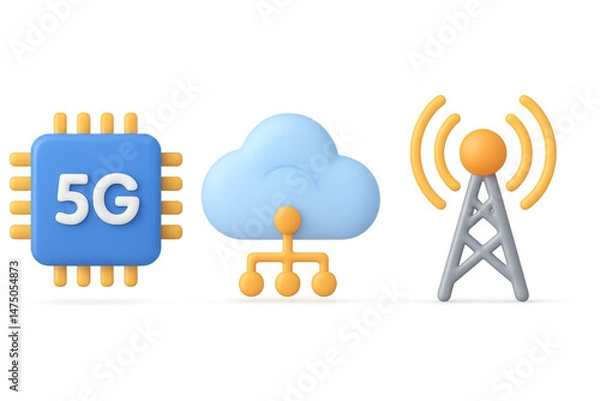 Obraz 5g chip cloud server network tower communication and connectivity symbols