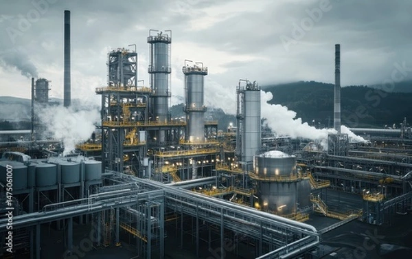 Fototapeta Photorealistic visualization of an industrial complex with carbon capture technology in the context of environmental impact, including active production of environmentally friendly energy.