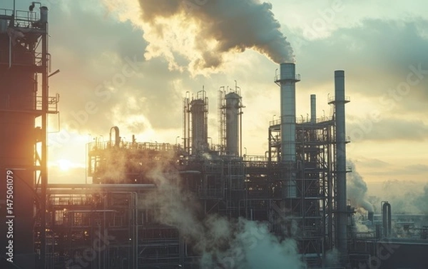 Fototapeta Photorealistic visualization of an industrial complex with carbon capture technology in the context of environmental impact, including active production of environmentally friendly energy.