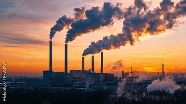 Fototapeta Photorealistic visualization of an industrial factory using renewable energy in the context of energy production, featuring smokeless chimneys, solar-powered equipment