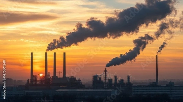 Fototapeta Photorealistic visualization of an industrial factory using renewable energy in the context of energy production, featuring smokeless chimneys, solar-powered equipment