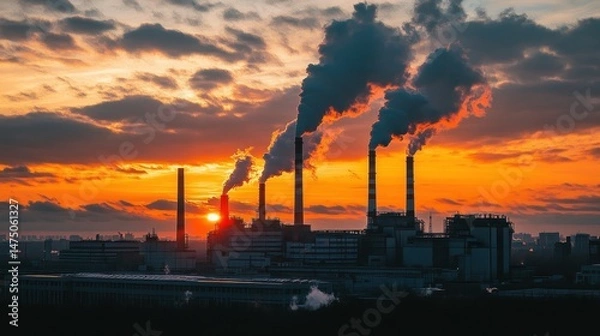 Fototapeta Photorealistic visualization of an industrial factory using renewable energy in the context of energy production, featuring smokeless chimneys, solar-powered equipment