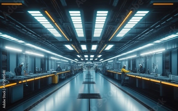 Fototapeta Photorealistic visualization of a high-tech factory interior powered by renewable energy in the context of research and development featuring workers and robotic assembly lines