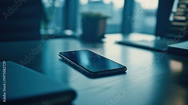 Fototapeta Modern smartphone on a wooden office desk. Soft focus on a contemporary mobile phone placed on a polished wooden surface.  Books and documents are subtly visible in the background