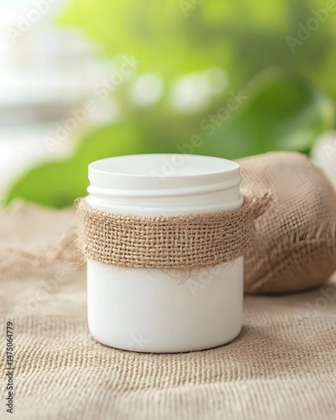 Fototapeta White Cream Jar Mockup on Linen and Burlap