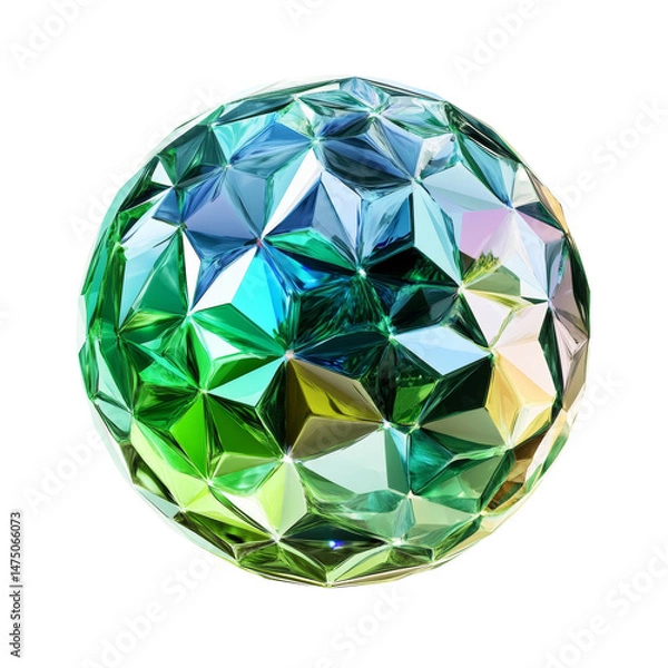 Fototapeta Iridescent faceted sphere showcasing a spectrum of shimmering greens and blues on clear backdrop