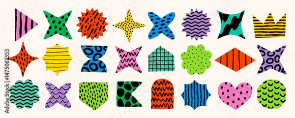 Fototapeta Playful collection of colorful abstract shapes, stars, diamonds, and hearts with hand drawn textures and bold patterns. Vector elements perfect for stickers, icons, graphic design and decoration