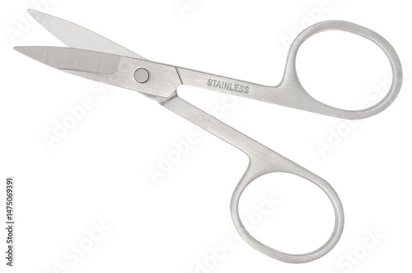Obraz Generic brushed stainless steel manicure scissors, large isolated horizontal macro closeup depressed debossing imprint text on silvery satin body care personal accessory concept white background