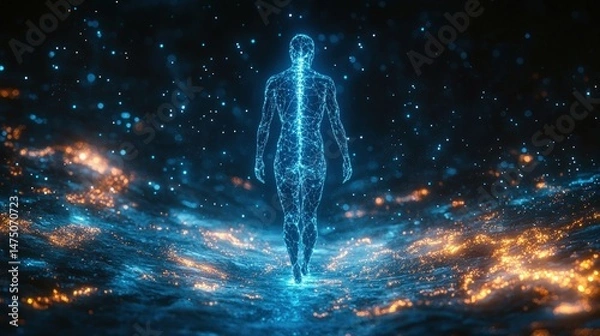 Obraz Abstract digital representation of a human figure walking through a vibrant, otherworldly landscape