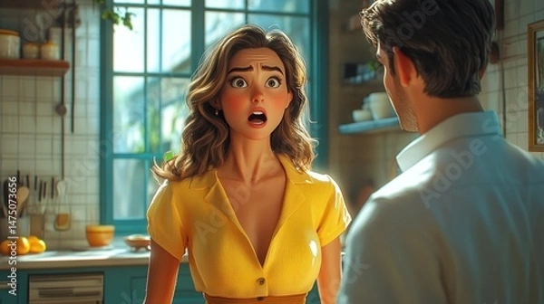 Fototapeta A surprised woman in a kitchen