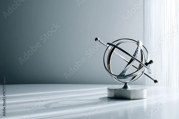 Fototapeta A chrome gyroscope stands on a white surface with a soft light casting shadows from a nearby curtain, showcasing balance and motion.