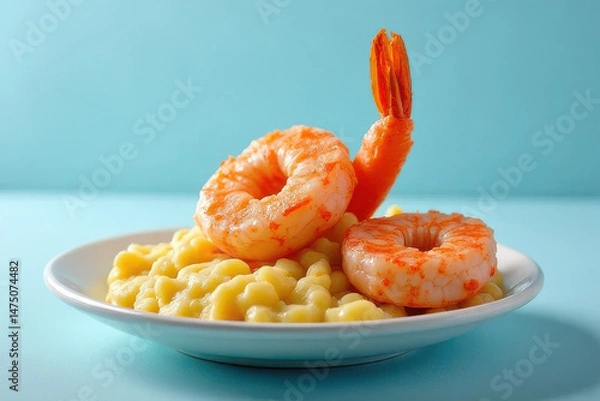 Fototapeta Tempting Shrimp and Grits: Cozy Corner Food Photography with Dusty Blue Background