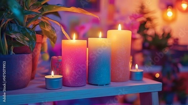 Obraz Illuminated candles and potted plants on a shelf in soft colorful lighting