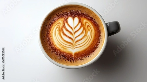 Fototapeta Latte art of tulip from above in a gray mug