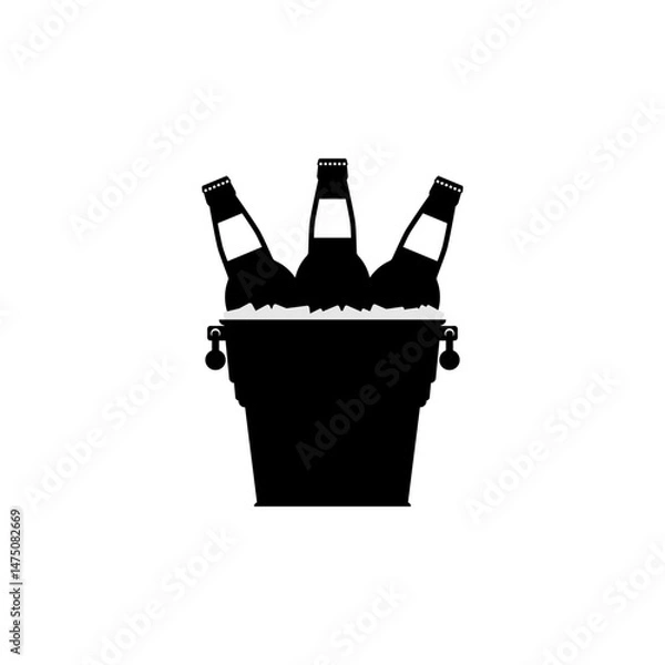 Fototapeta Black silhouettes of beer bottles in a metal bucket with handles and ice cubes on a white background. Isolated vector icon and logo, flat illustration.
