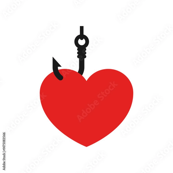 Fototapeta Fishing hook with heart shaped bait. The heart is hanging on a hook. Vector clipart and drawing. Isolated illustration on white background.