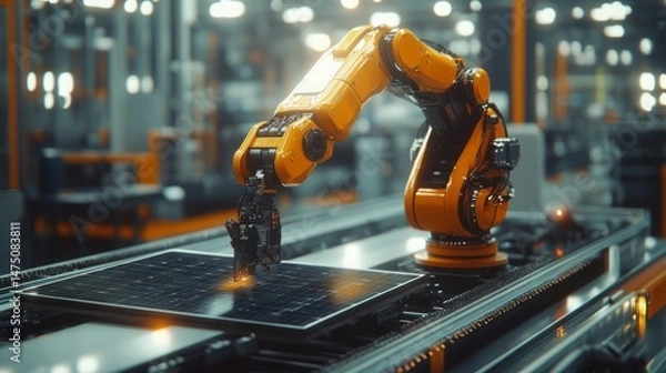 Fototapeta Automated robotic arm handling a solar panel in a factory.