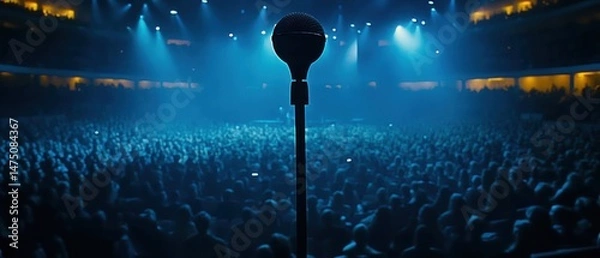 Fototapeta Microphone on stage before a large crowd in a blue lit concert hall, wide angle shot capturing the energy and anticipation of the audience