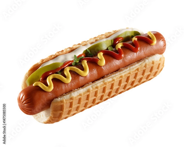 Fototapeta Hot Dog with Waffle Bun and Condiments Isolated on Transparent Background  