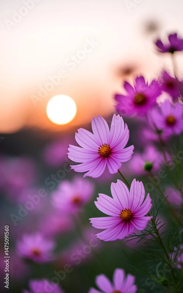 Obraz Beautiful Pink Cosmos Flowers at Sunset