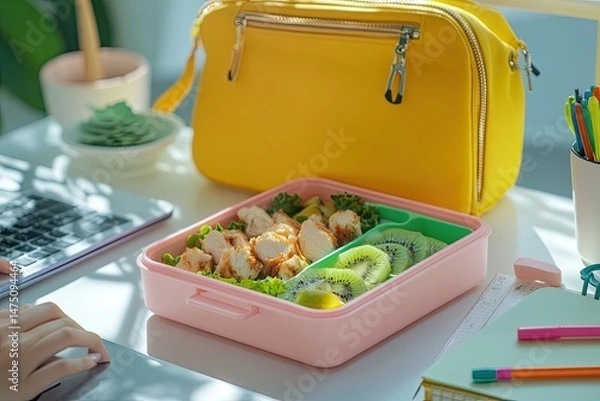 Obraz Healthy lunch in a pink bento box beside a laptop and yellow bag