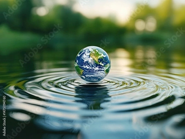 Fototapeta A miniature Earth floats serenely on calm water, surrounded by lush greenery, reflecting tranquility and environmental harmony