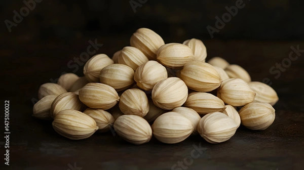 Fototapeta A pile of whole Makhana nuts, beige and slightly ribbed, arranged in a pile on a dark, smooth background.