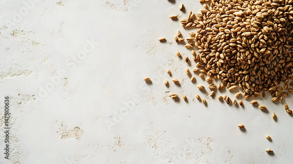 Fototapeta A pile of whole rye grains arranged on a clean, white surface, with a few grains spilling out, showcasing their organic nature and rustic charm.