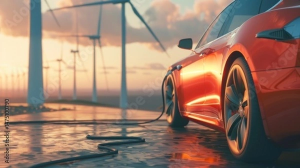 Fototapeta Red electric car on charging station against wind turbine windmills background. Generated AI image