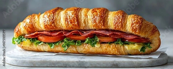 Obraz Close up of a croissant sandwich with salami tomato and lettuce on a marble board