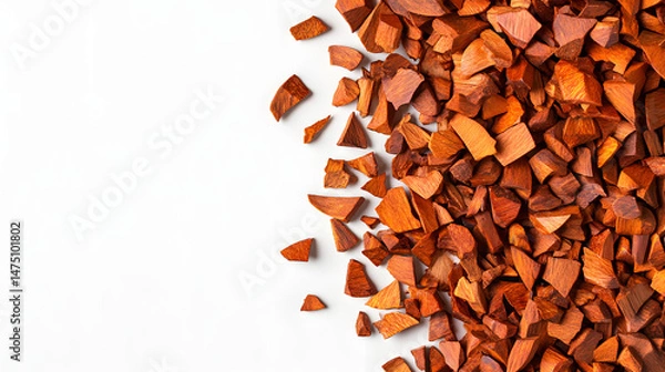 Fototapeta A pile of whole sandalwood chips in warm orange-brown hues scattered on a plain white background, highlighting their rustic charm and organic texture.