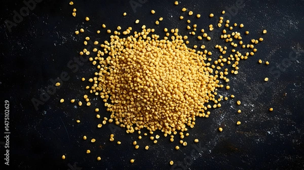 Fototapeta A pile of whole wheat grains in gold-yellow on a dark surface, their rough texture and healthy, fresh appearance showcased.