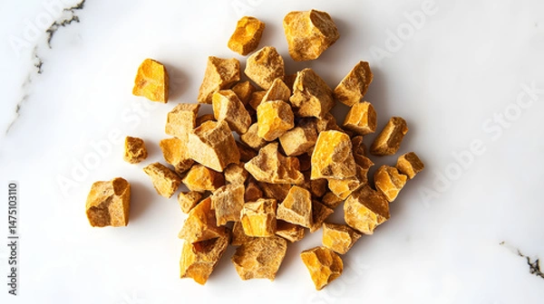 Obraz A pile of yellow Asafoetida chunks arranged randomly on a plain white surface with slight shadows and visible texture.