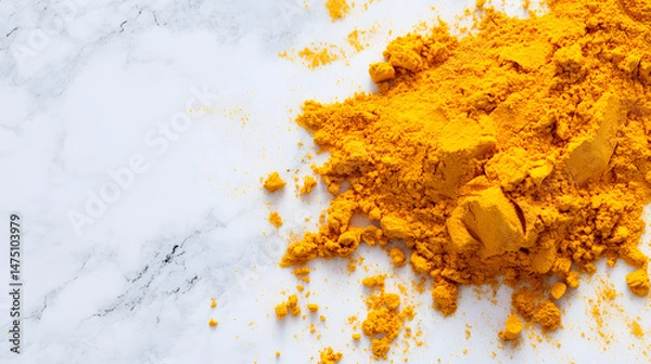 Fototapeta A pile of yellow Asafoetida powder scattered unevenly on a white smooth surface, emphasizing texture and granules.