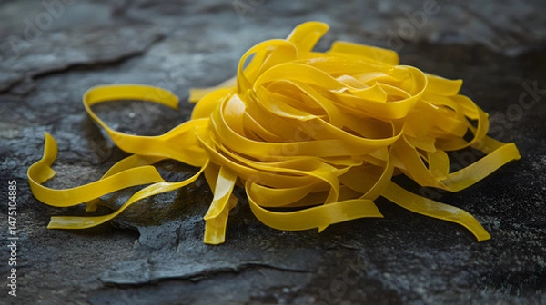 Fototapeta A pile of yellow tagliatelle nests, scattered haphazardly on a dark surface, their thin strands interwoven together.